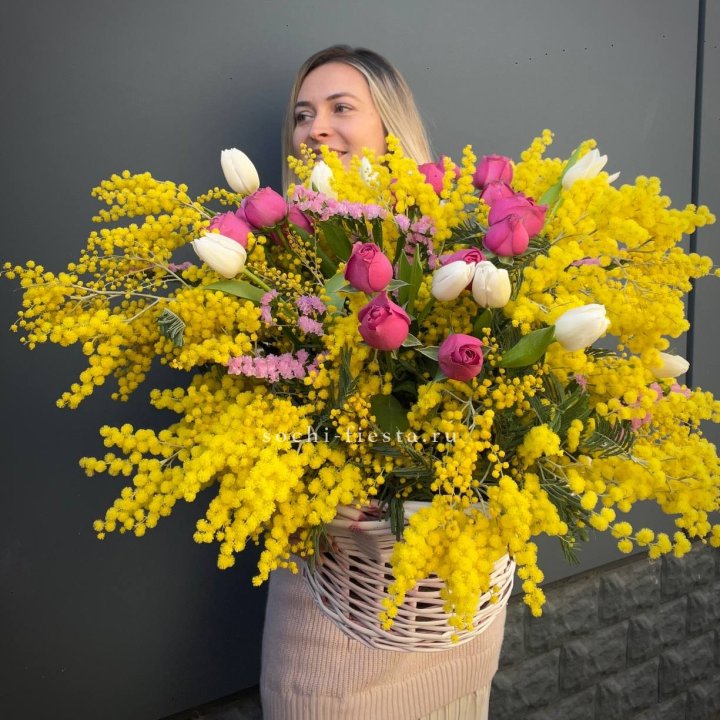 Цветочная корзина с мимозой "Спринг" в Сириусе