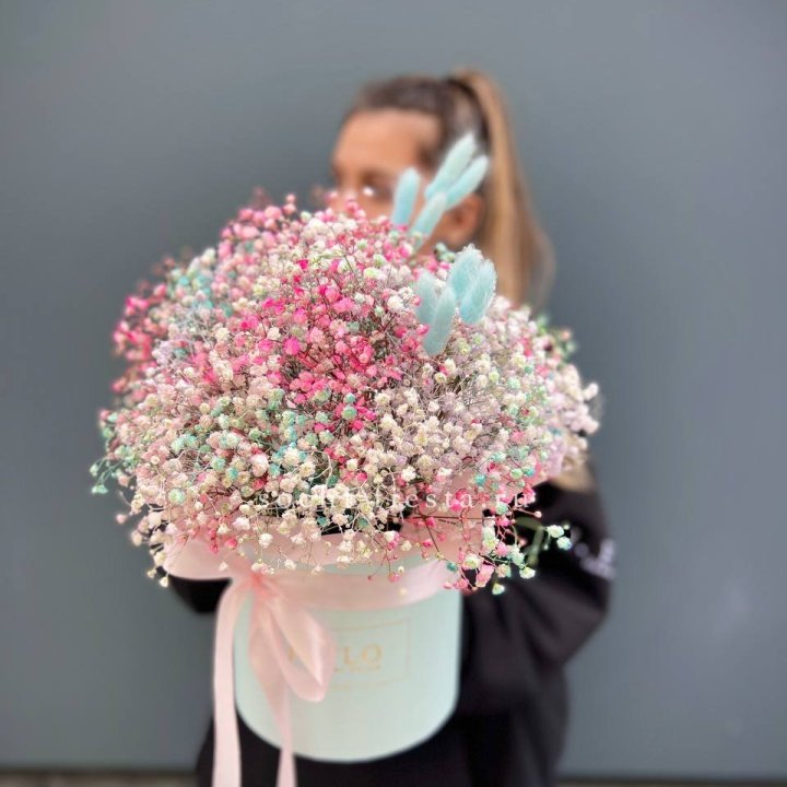 9 радужных гипсофилы в шляпной коробке в Сириусе